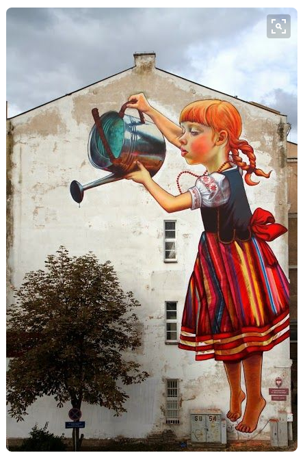 Street Art Girl Watering stree
