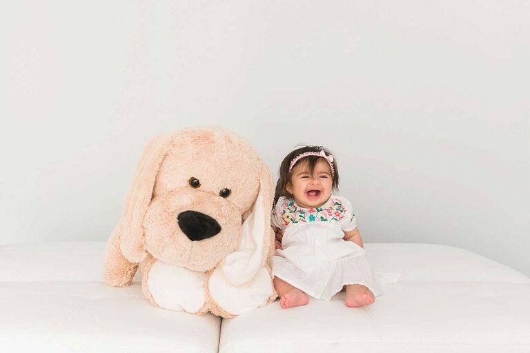 Long Island Child Photographer baby girl big stuffed dog