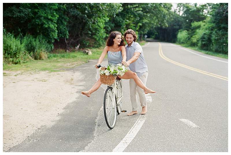 Long Island Film Beach Engagement romantic couple on vintage bike