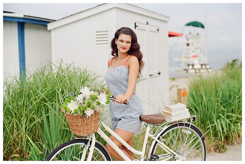 Long Island Film Beach Engagement retro girl with vintage bike