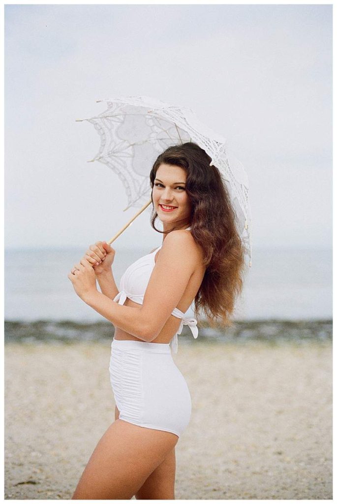 Long Island Film Beach Engagement retro girl with paresol