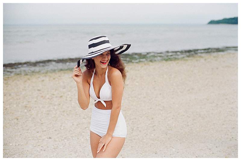 Long Island Film Beach Engagement retro girl with floppy hat