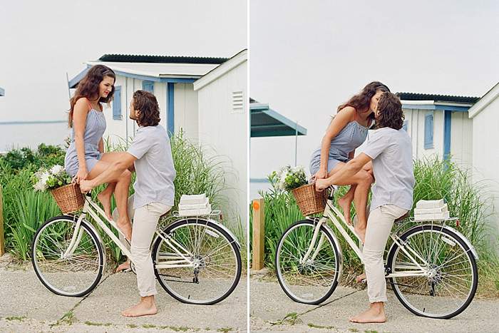 Long Island Film Beach Engagement good looking 60s couple on vintage bike