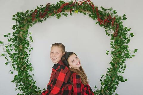 Long Island Christmas Card Mini brother and sister in red plaid