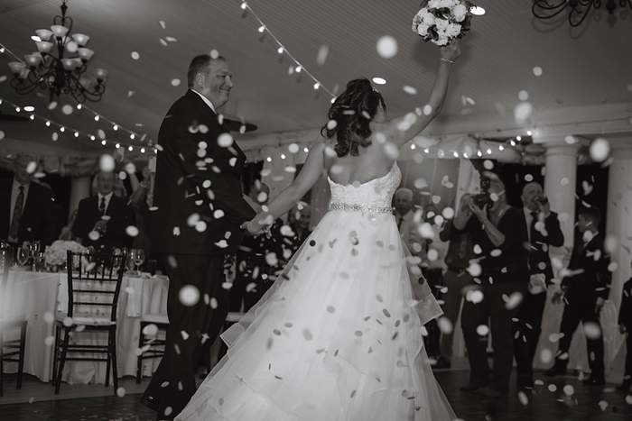 Fun Long Island Wedding Photographer black and white confetti
