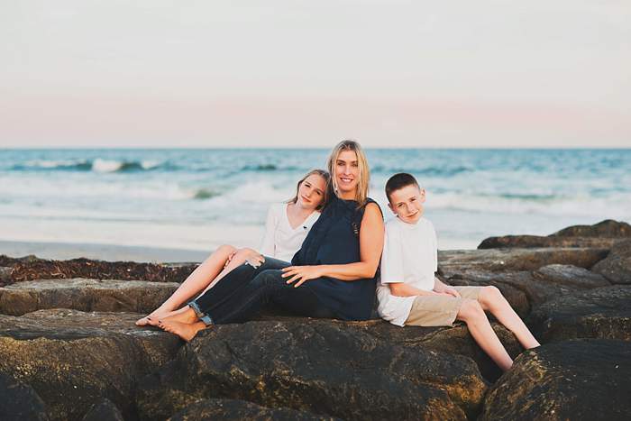 Long Island Sunset Beach Mini mom and kids on the jetty