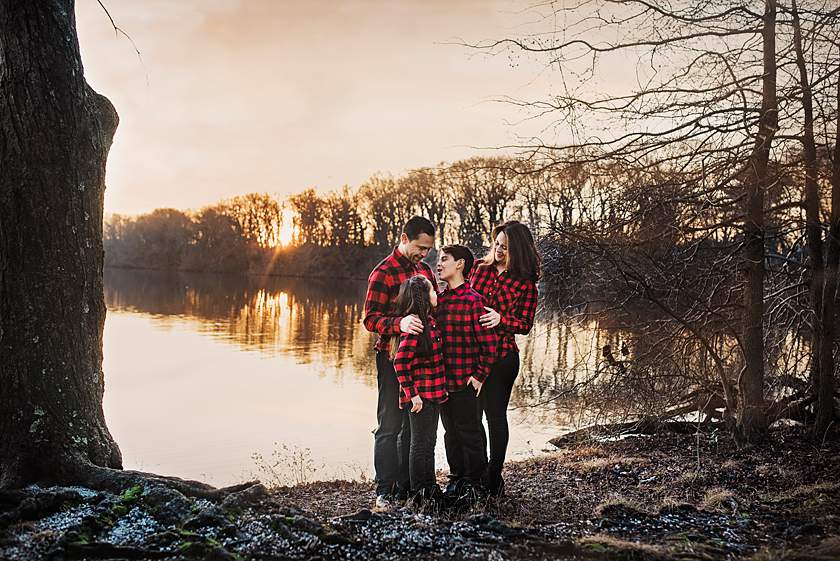 Long Island Lifestyle Family Photographer family at Hempstead Lake state Park at sunset by the lake