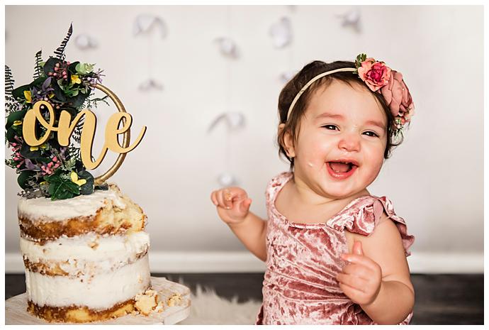 Long Island Boho Cake Smash smiling baby
