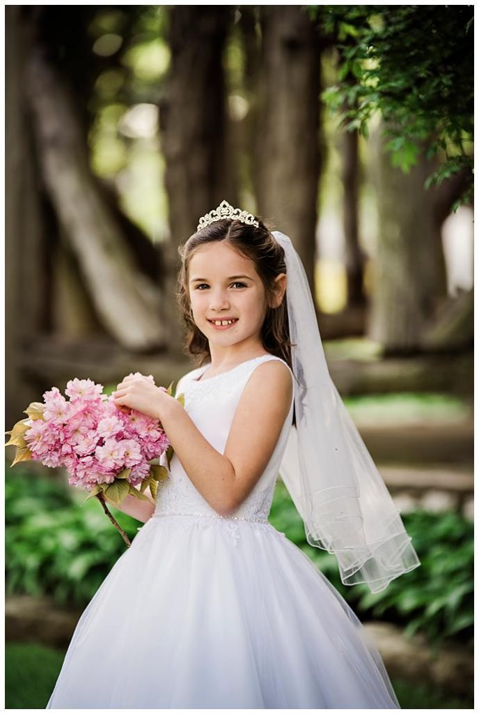 Long Island Communion Photography flowers and white dress