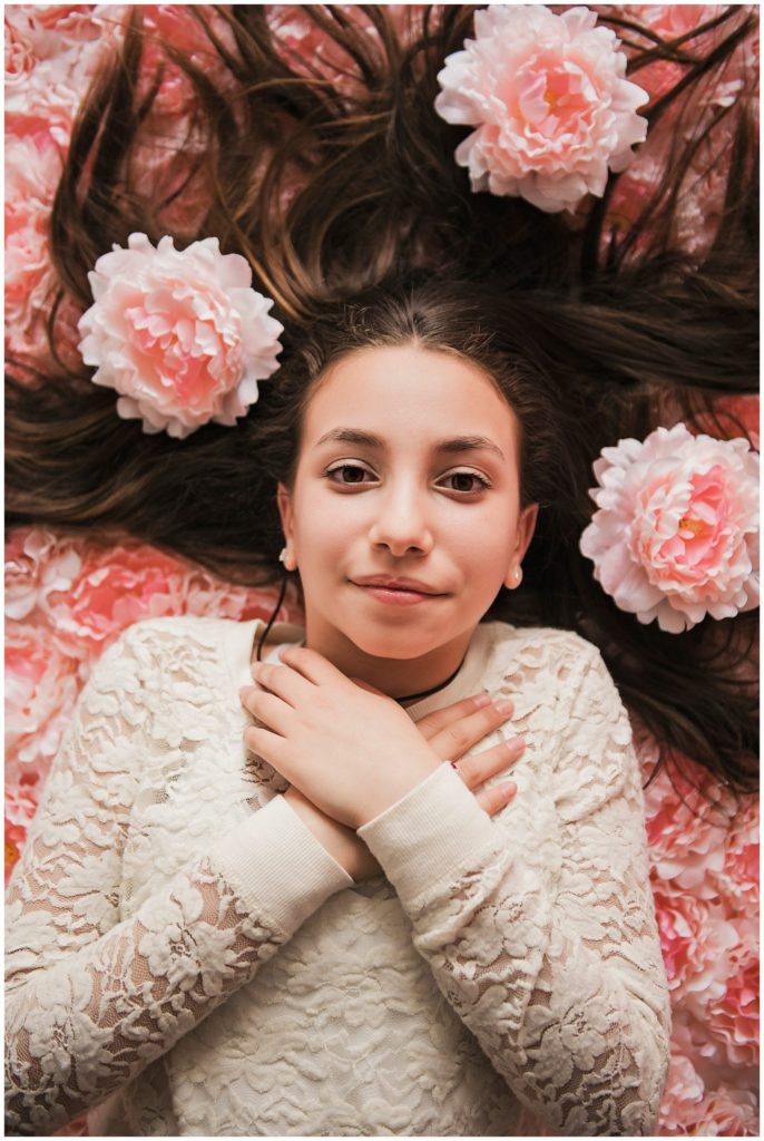 Bat Mitzvah Portrait Session pink flowers