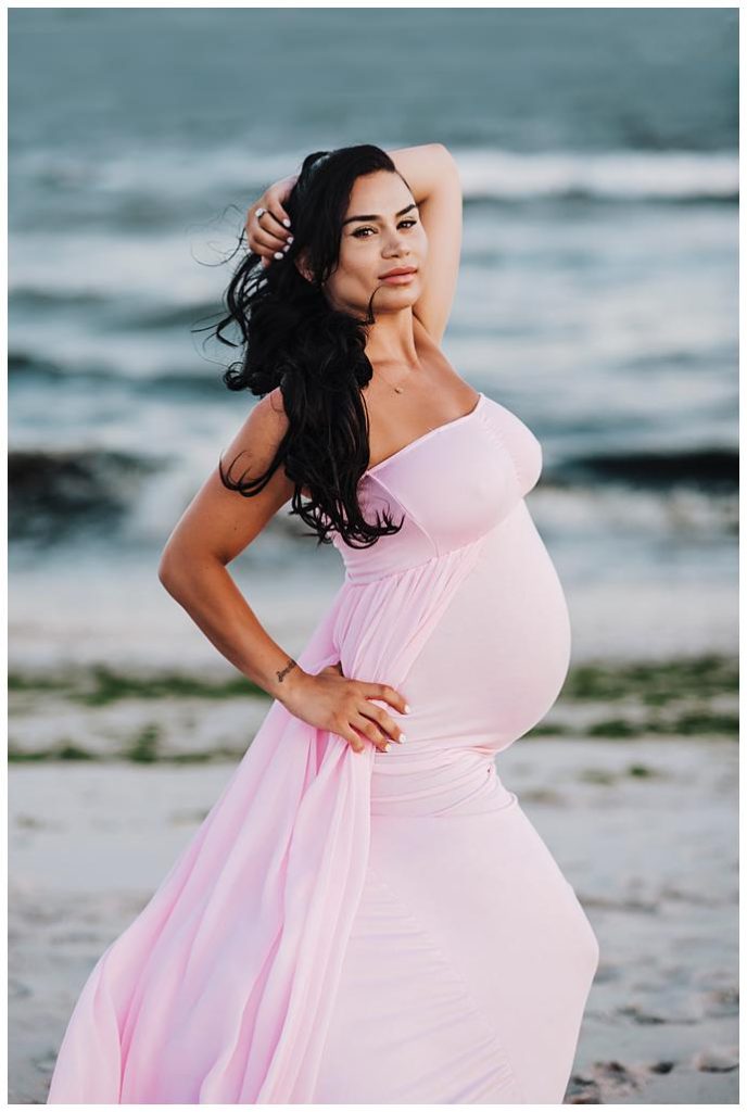 Long Island Beach Maternity Photos pink dress