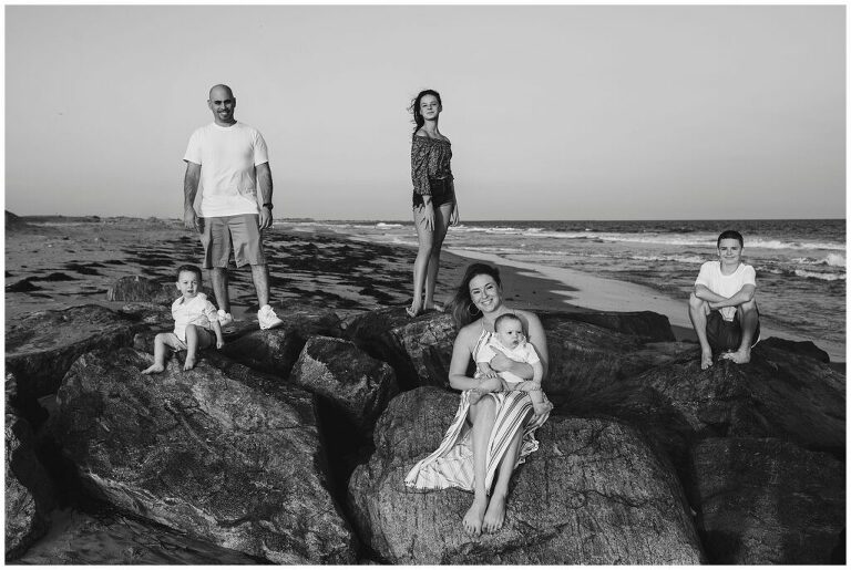 Long Beach Family Portraits black and white on the jetty