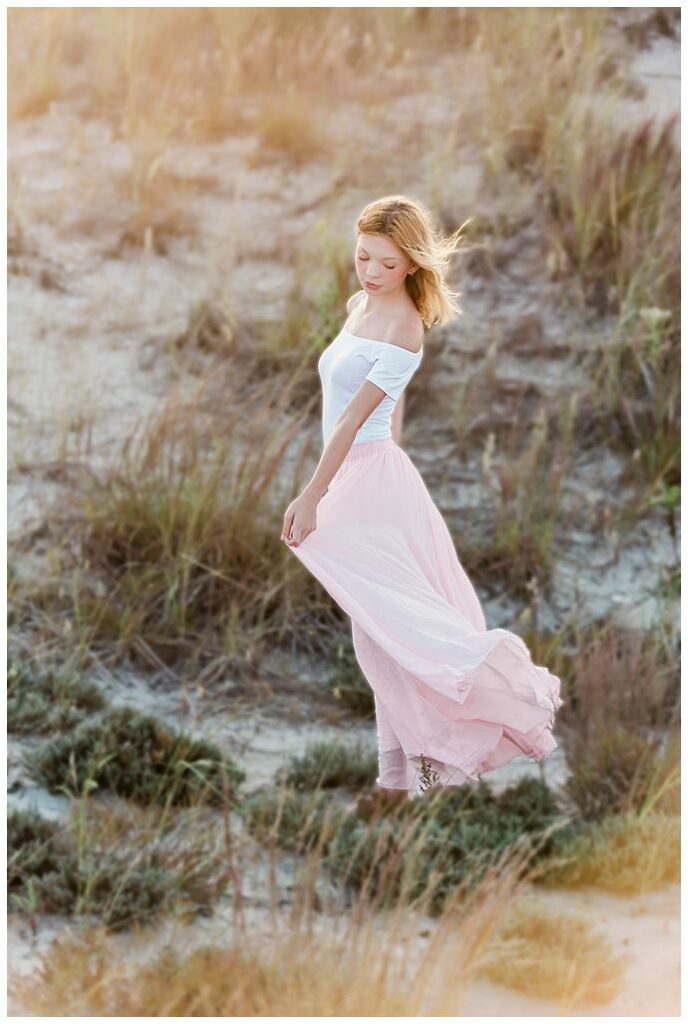 Long Island Bat Mitzvah Portraits Beach pnk skirt in the wind