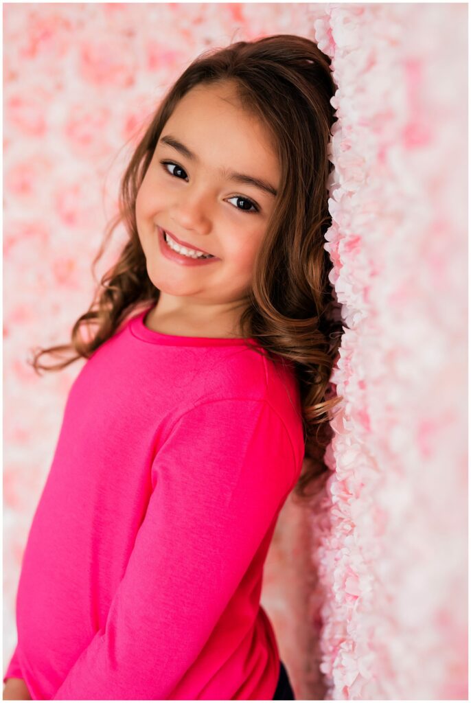 Long Island NYC kids head shots flower wall 