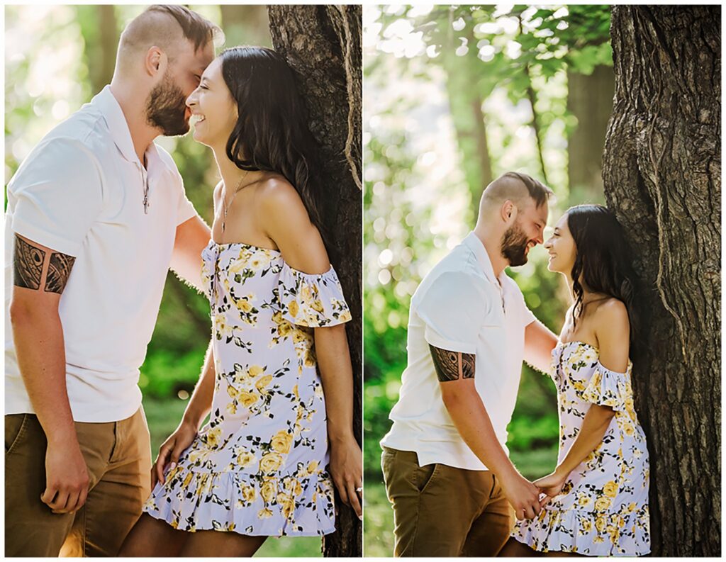 Boulder Denver Romantic Engagement against a tree