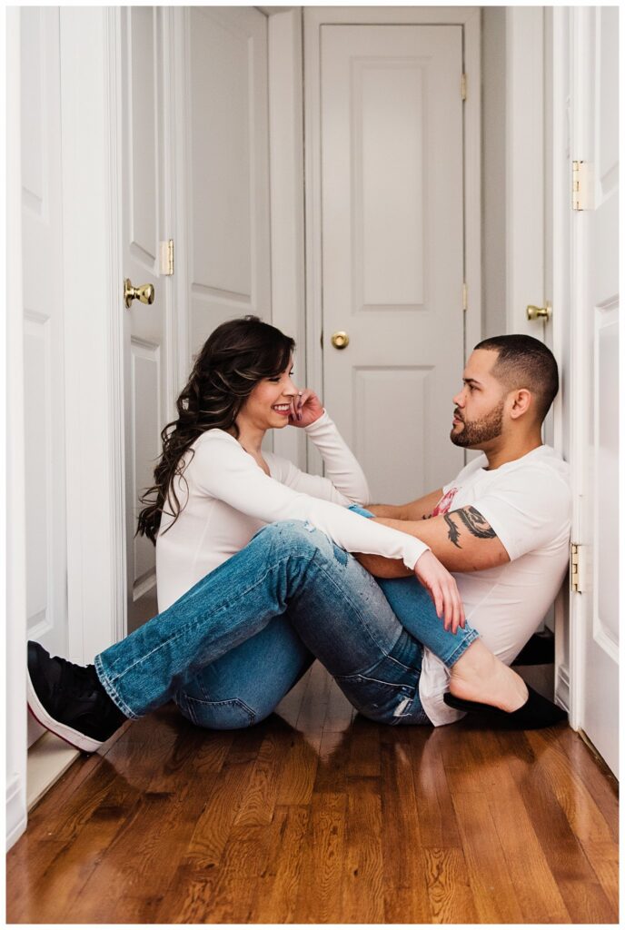 In home romantic Boulder Photographer hallway pose