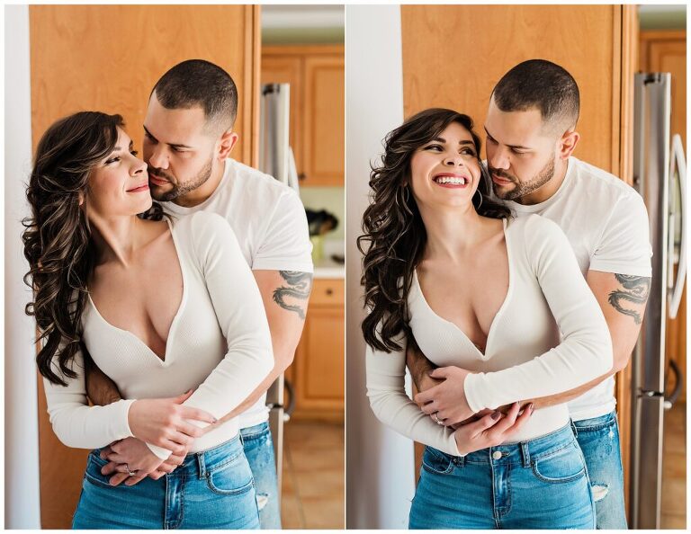 In home romantic Boulder Photographer kitchen hugs