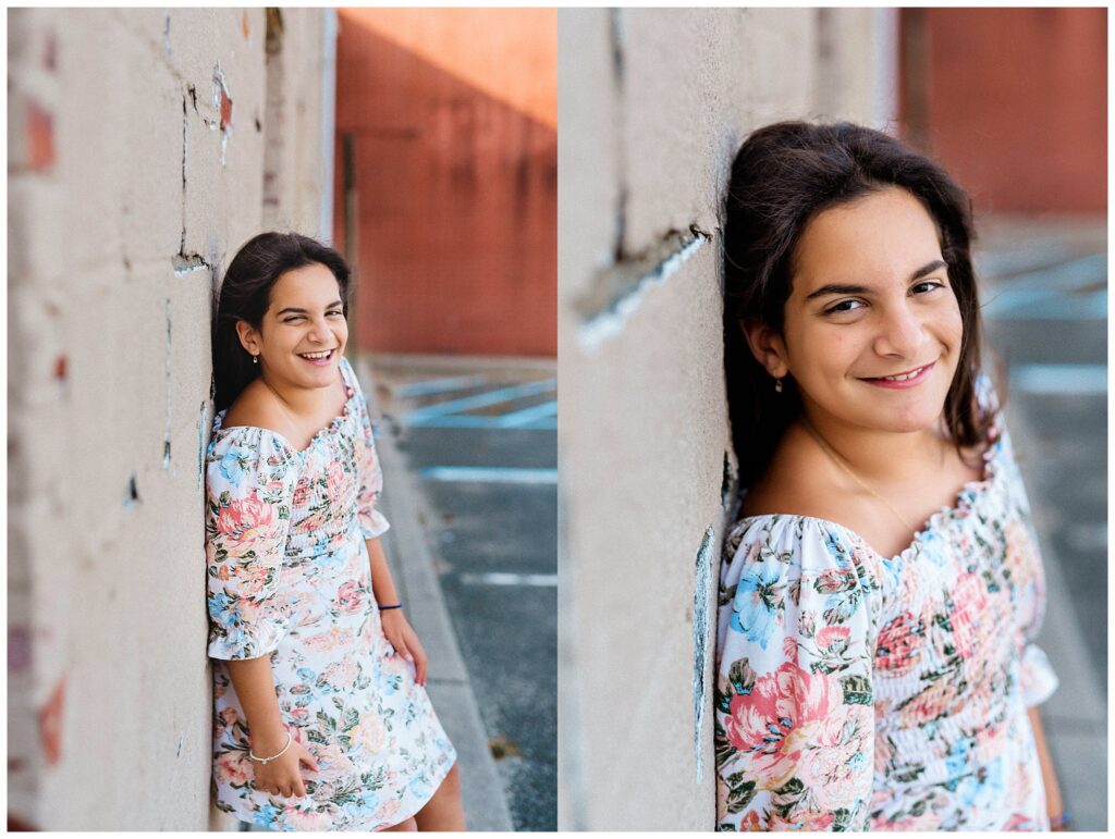 Urban Bat Mitzvah Family Photos wall lean pose