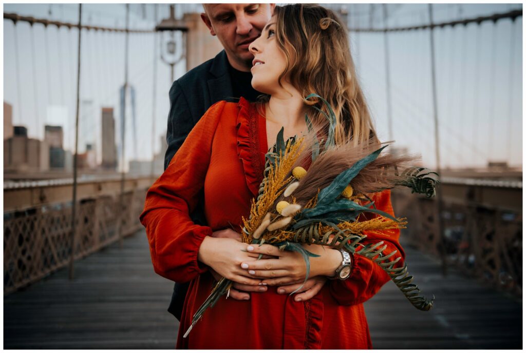 Brooklyn Bridge Engagement Photos dried flower bouquet