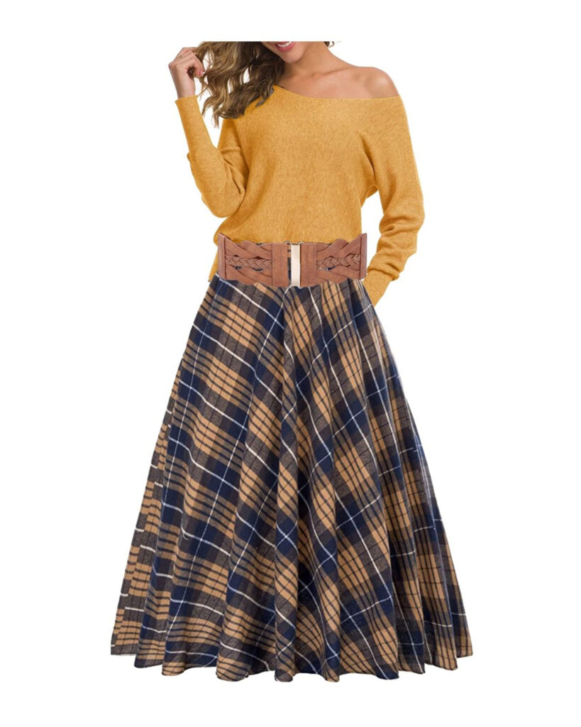 plaid skirt and gold sweater
