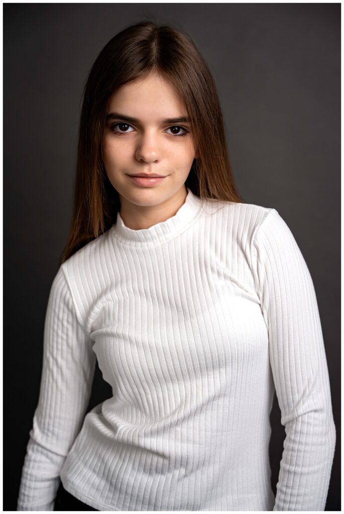 headshots for teenagers with dreams Long Island grey backdrop