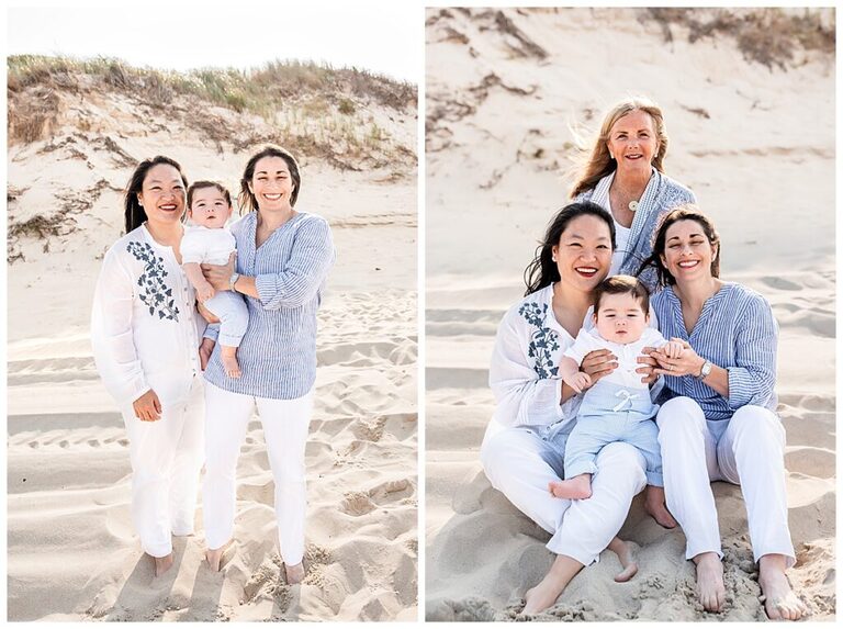 two moms and baby boy family photos on the beach blue and white