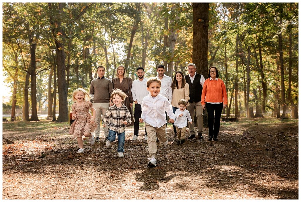 Long Island Whimsical Fall Extended Family Portraits kids running