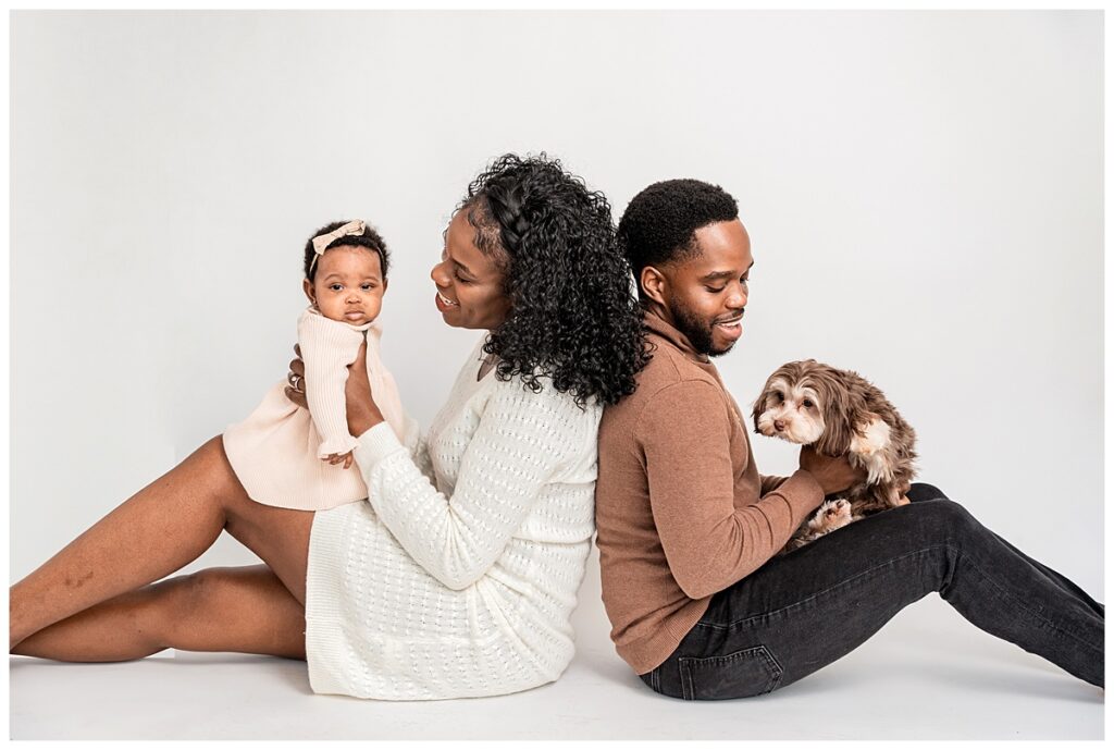 Long Island Studio High End Minimalist Family Portraits baby and dog