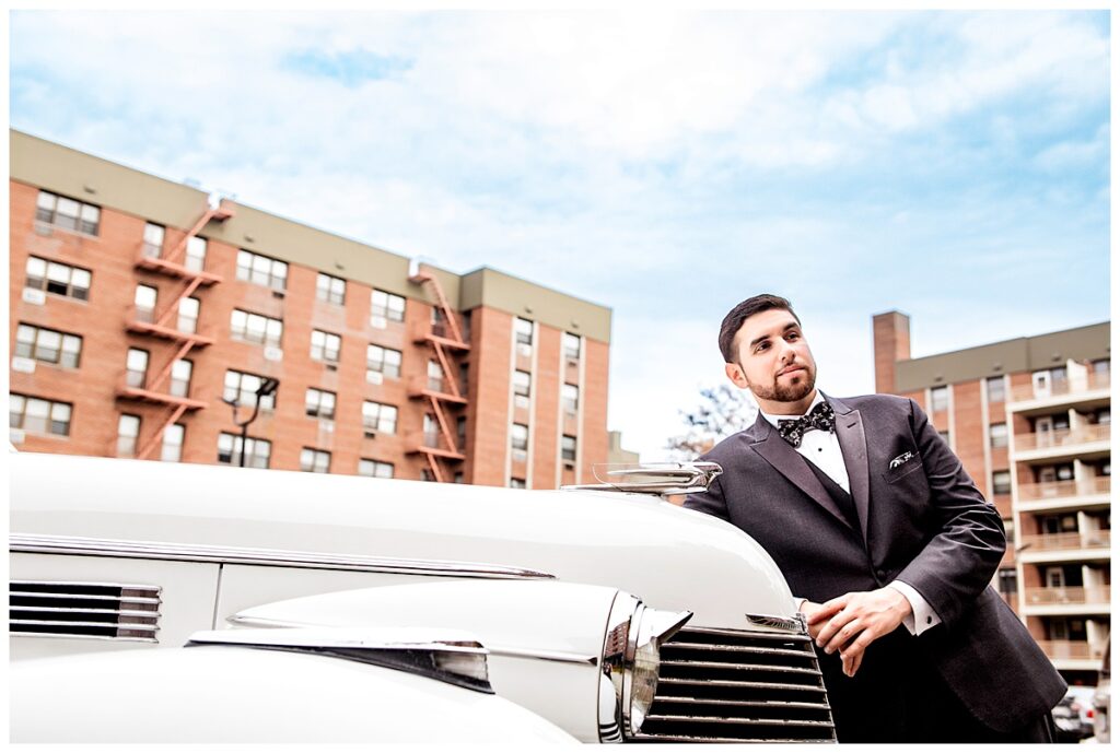 New York City November Wedding groom with rolls royce