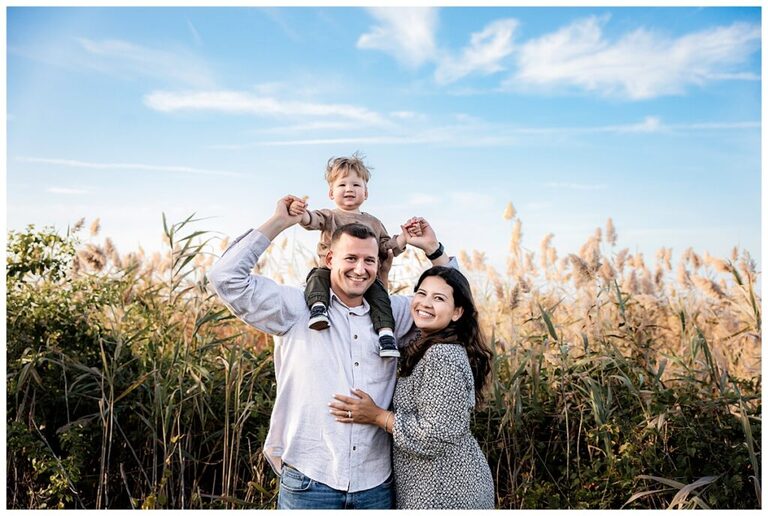 Playful Family Photos with Sweet Toddler blue sky