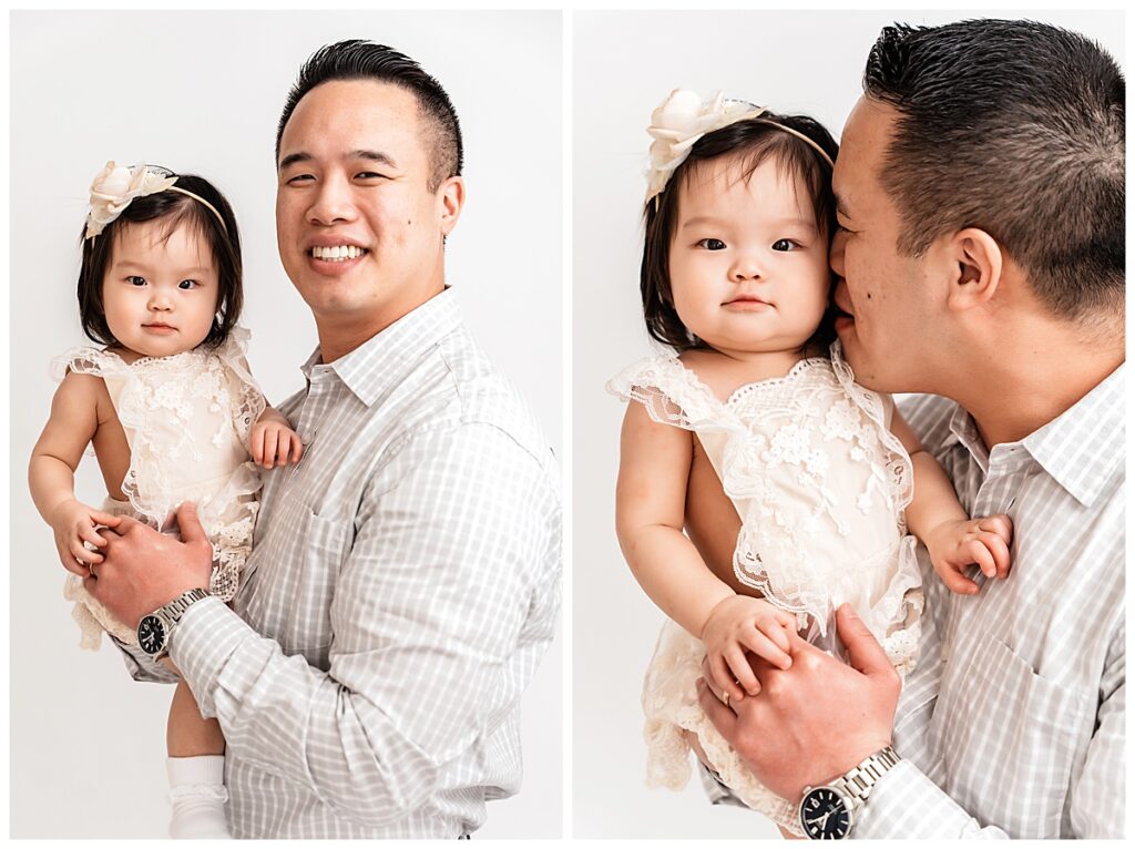Light and Bright Family Photos in the Studio daddy and baby girl