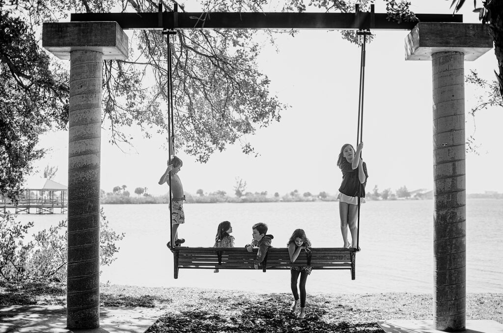 Special Cousins Memory in Black and White on a swing