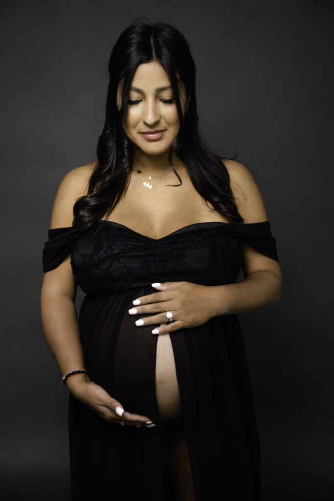Dreamy Mommy and Me Maternity Photos in the Studio black bodysuite