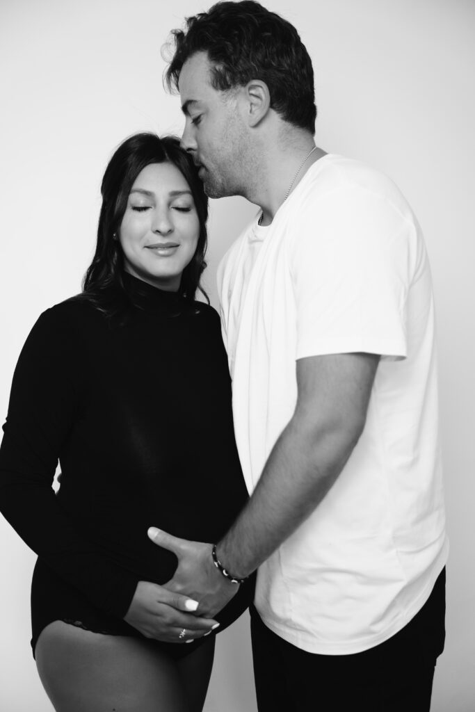 Dreamy Mommy and Me Maternity Photos in the Studio black and white