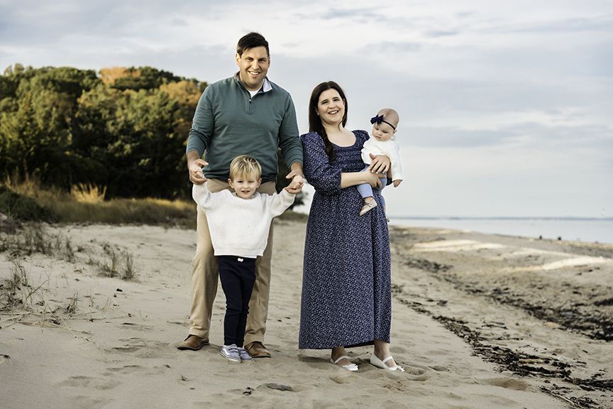 Big brother and baby sister family photos on Long Island blues and greens