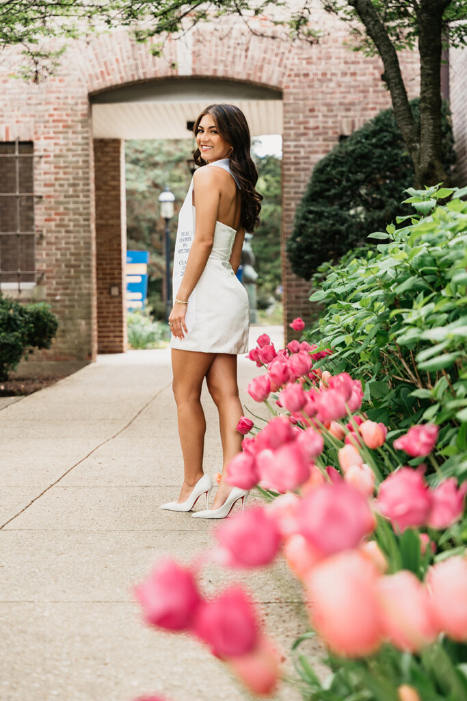 Hofstra University Campus Graduation Photos tulips and doorway